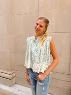 Floral Eyelet Trim Flowy Top