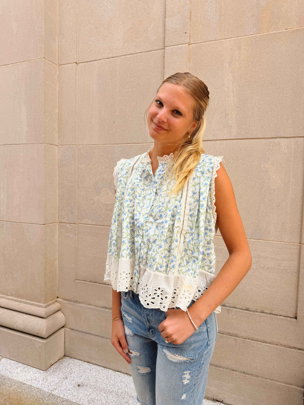 Floral Eyelet Trim Flowy Top