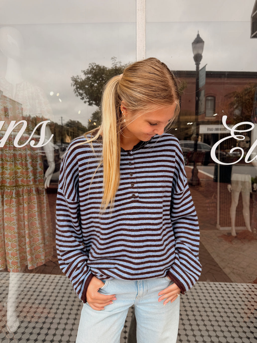 Raw Rolled Edge Henley Sweater- Blue