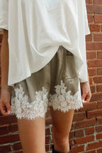 Satin Lace-Trim Shorts- Olive