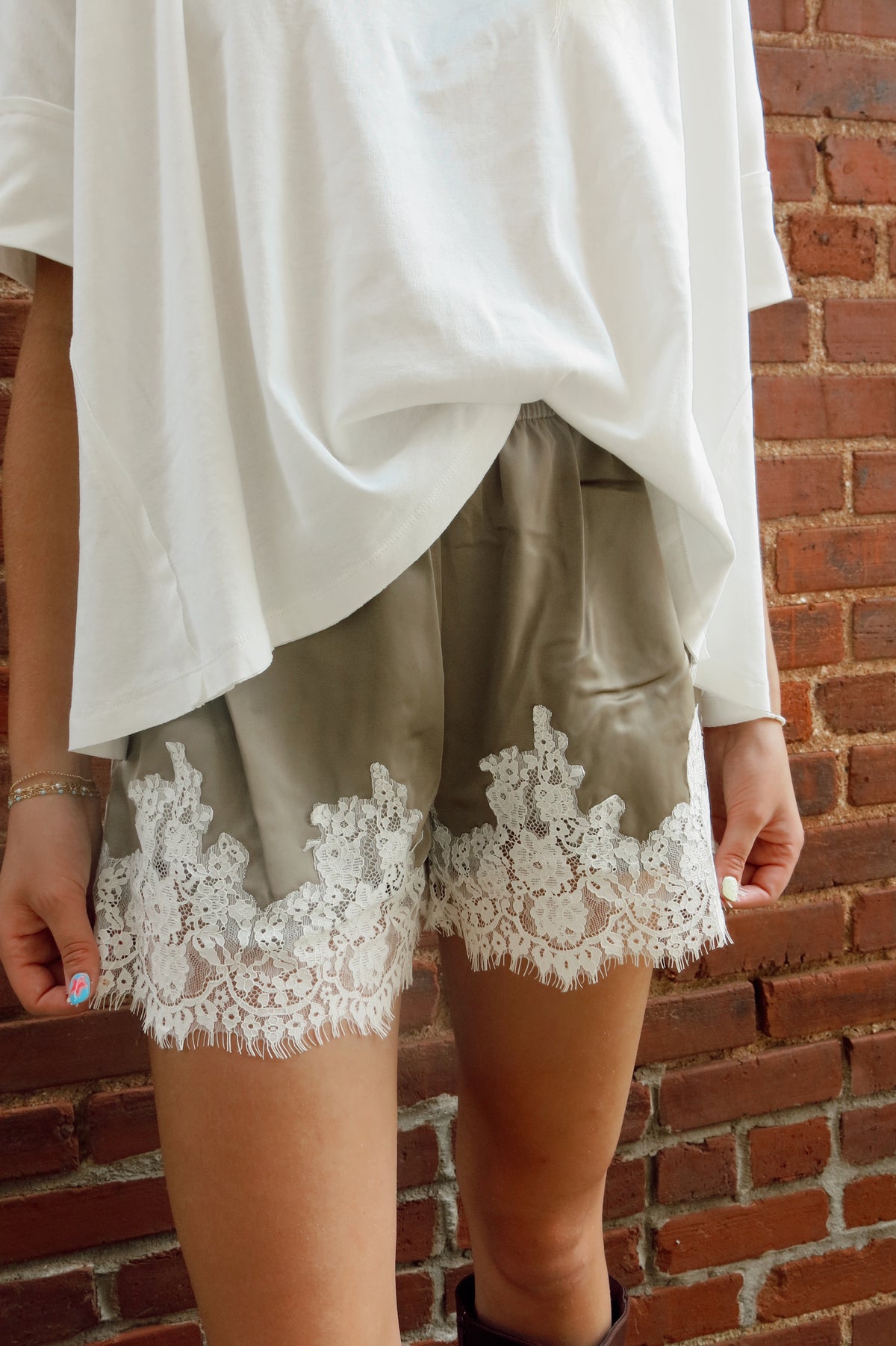 Satin Lace-Trim Shorts- Olive