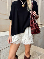 Satin Lace-Trim Shorts- Cream