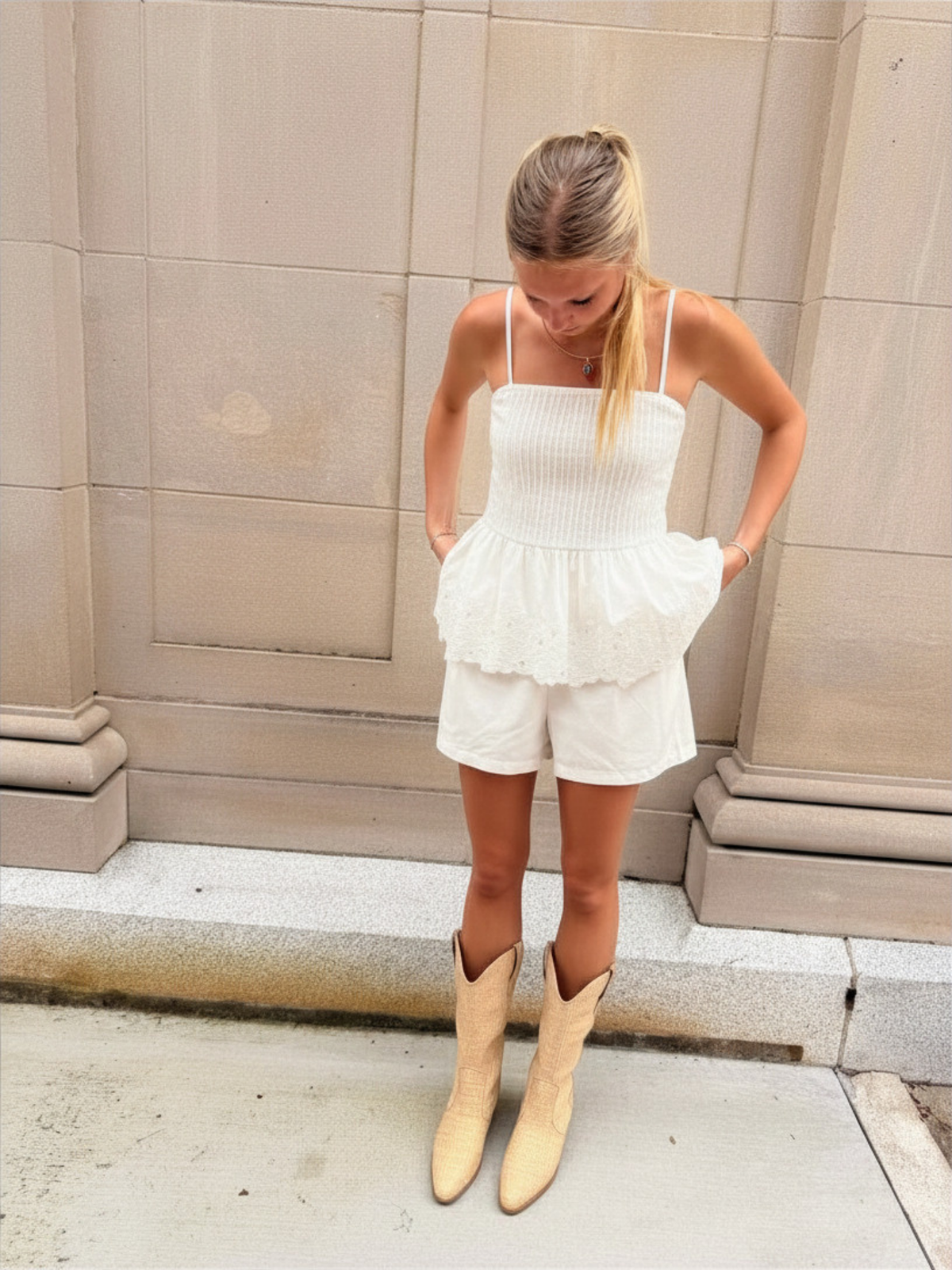 White Eyelet Trim Pleated Tank