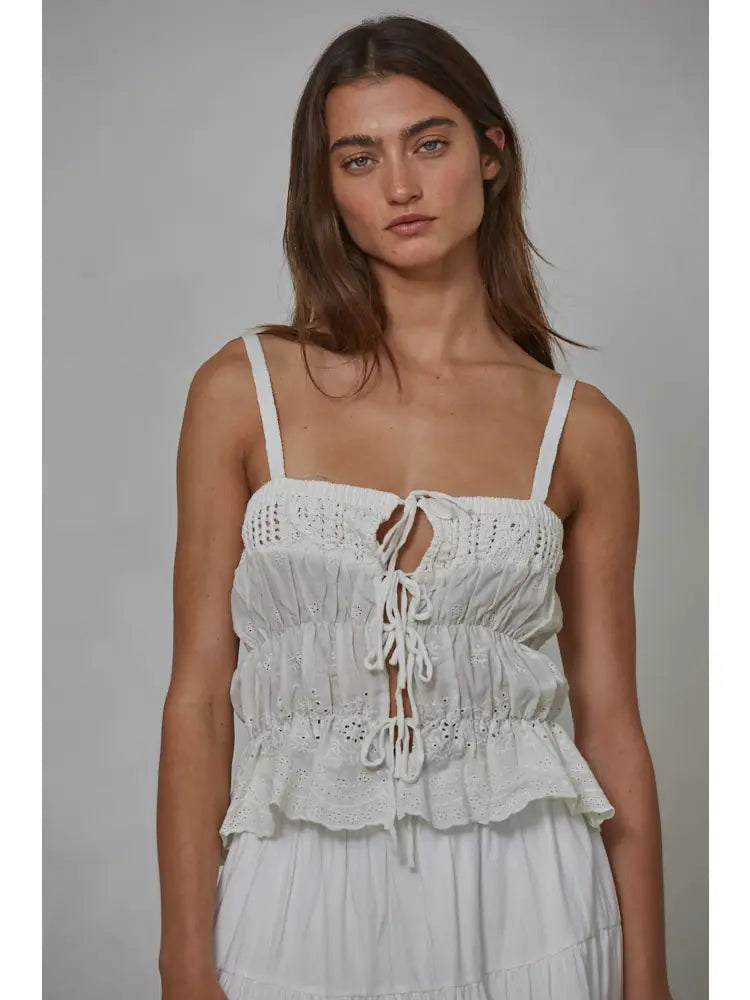 Crochet Cotton Tie Front Tank - Ivory