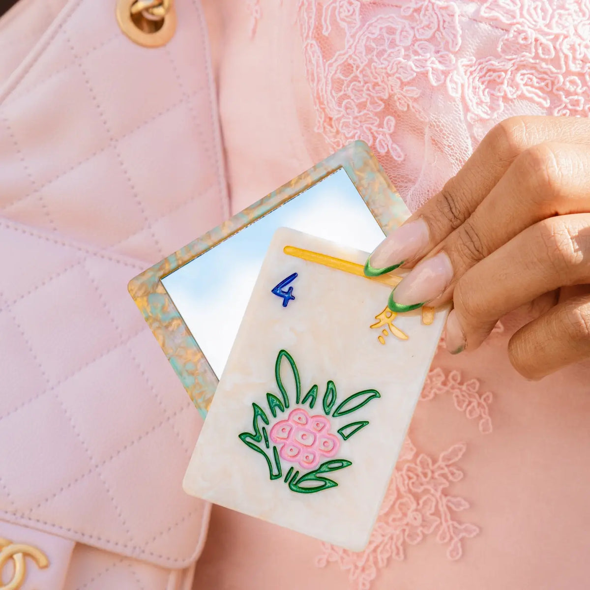 Handpainted Flower Mahjong Compact Mirror