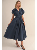 Navy Pleated Belted Maxi Dress