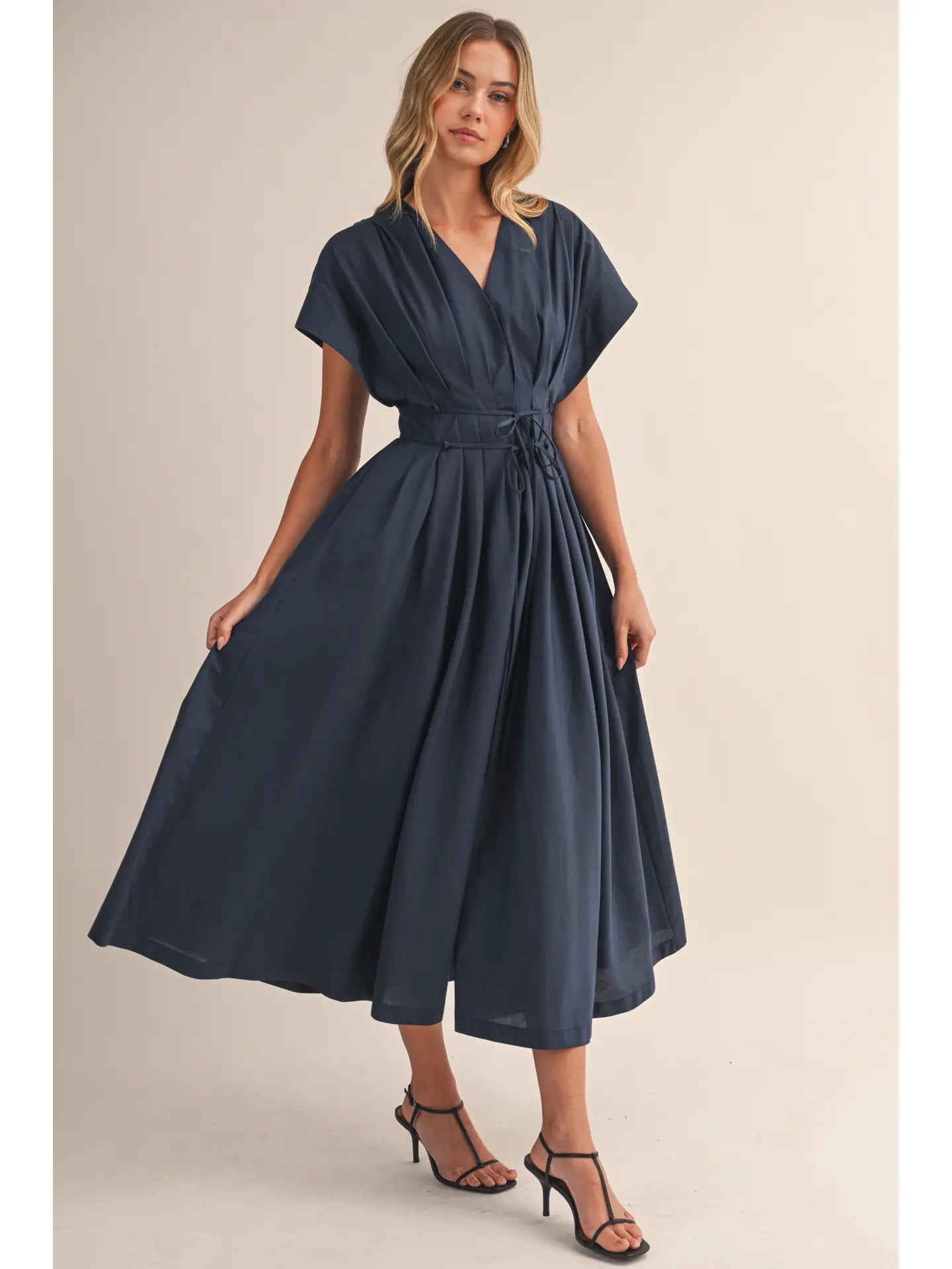 Navy Pleated Belted Maxi Dress