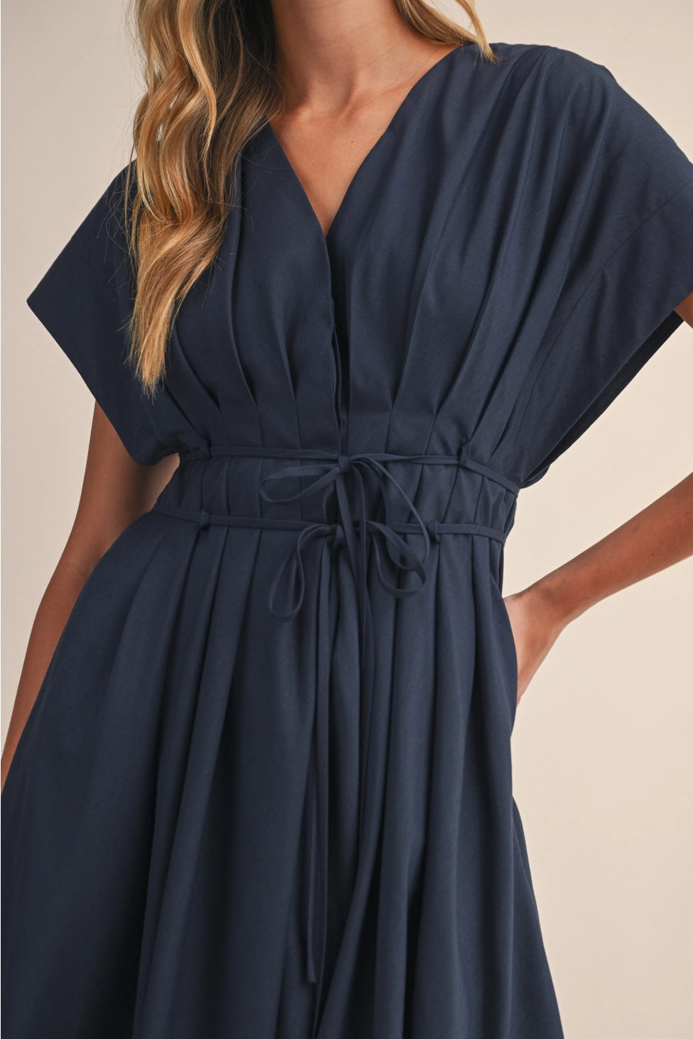 Navy Pleated Belted Maxi Dress