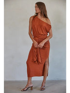 Rust Shoulder Sleeveless Midi Dress