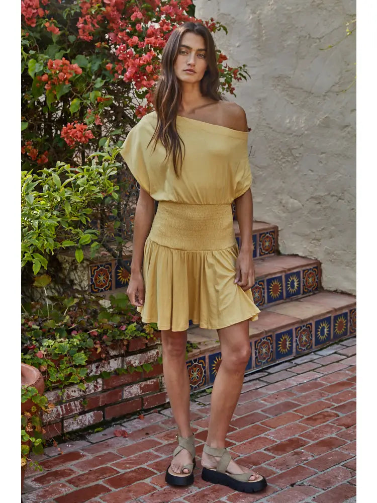 Yellow Asymmetrical Neck Mini Dress