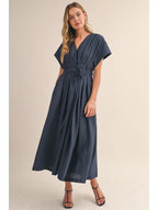 Navy Pleated Belted Maxi Dress