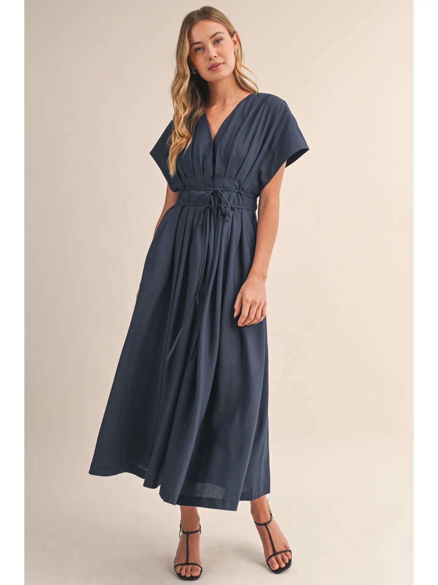 Navy Pleated Belted Maxi Dress
