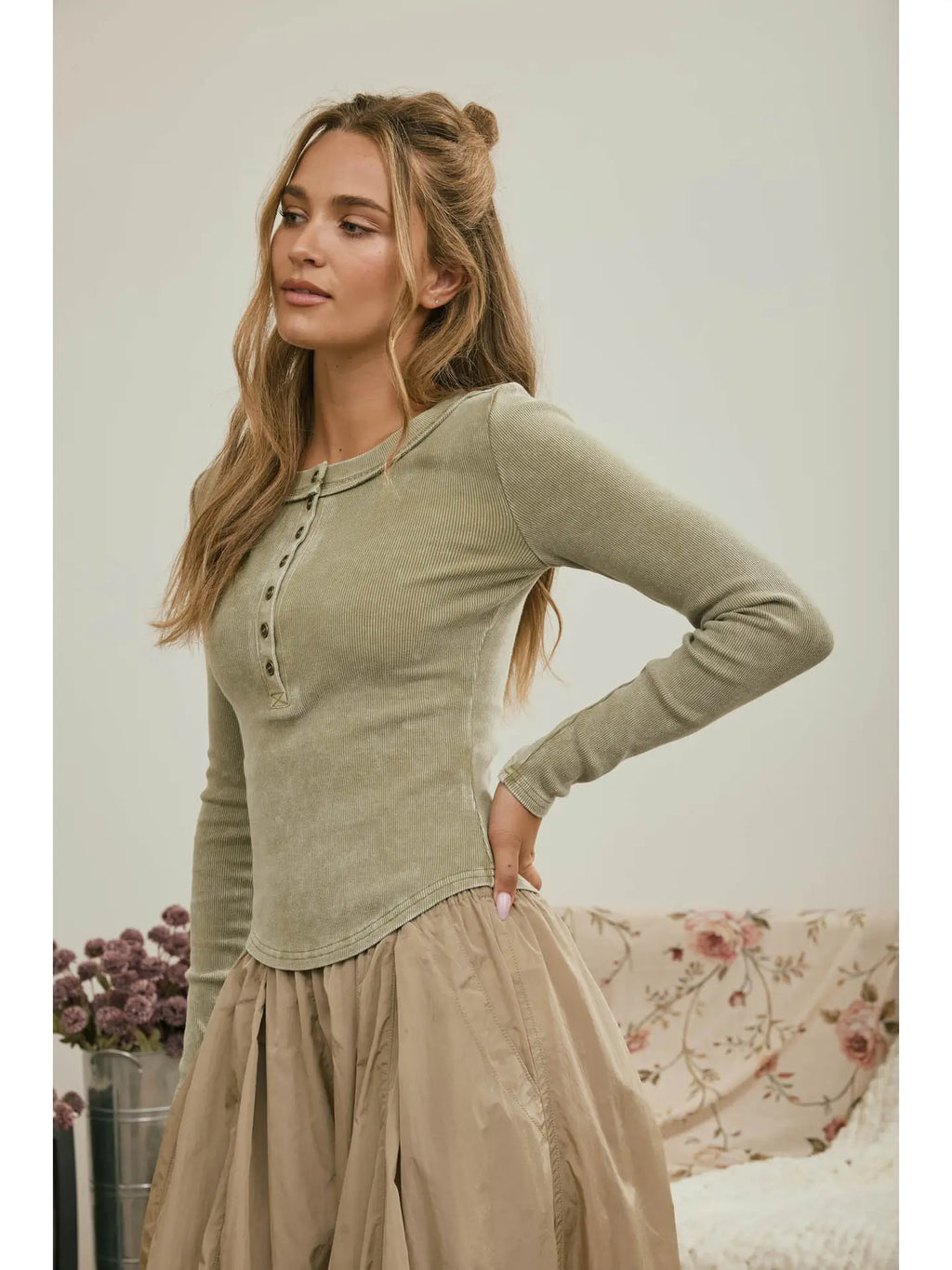 Washed Ribbed Henley Long Sleeve - Olive
