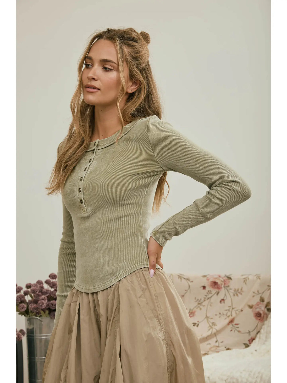 Washed Ribbed Henley Long Sleeve - Olive