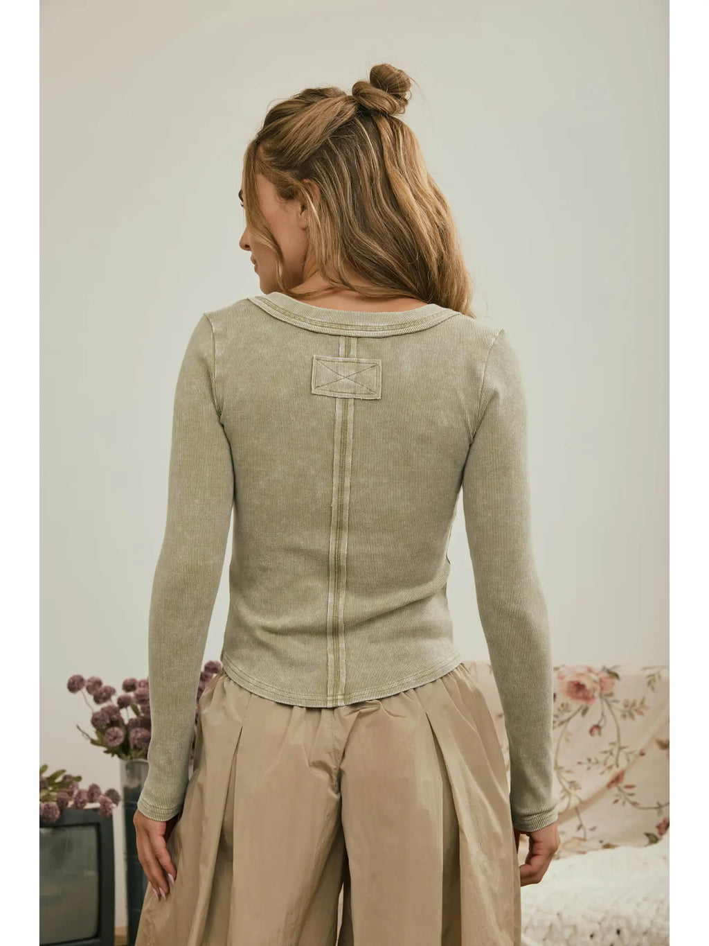 Washed Ribbed Henley Long Sleeve - Olive