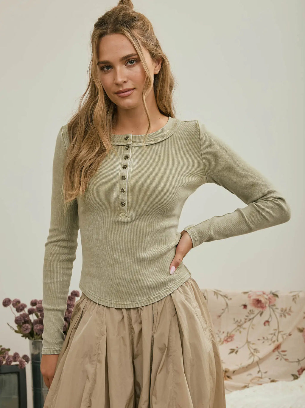Washed Ribbed Henley Long Sleeve - Olive
