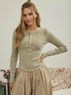 Washed Ribbed Henley Long Sleeve - Olive