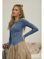 Washed Henley Long Sleeve- Vintage Blue